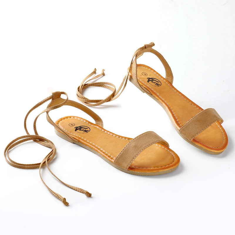 Trary Brown Lace Up Ankle Strap Sandals for Women Flat 05 - Image 3